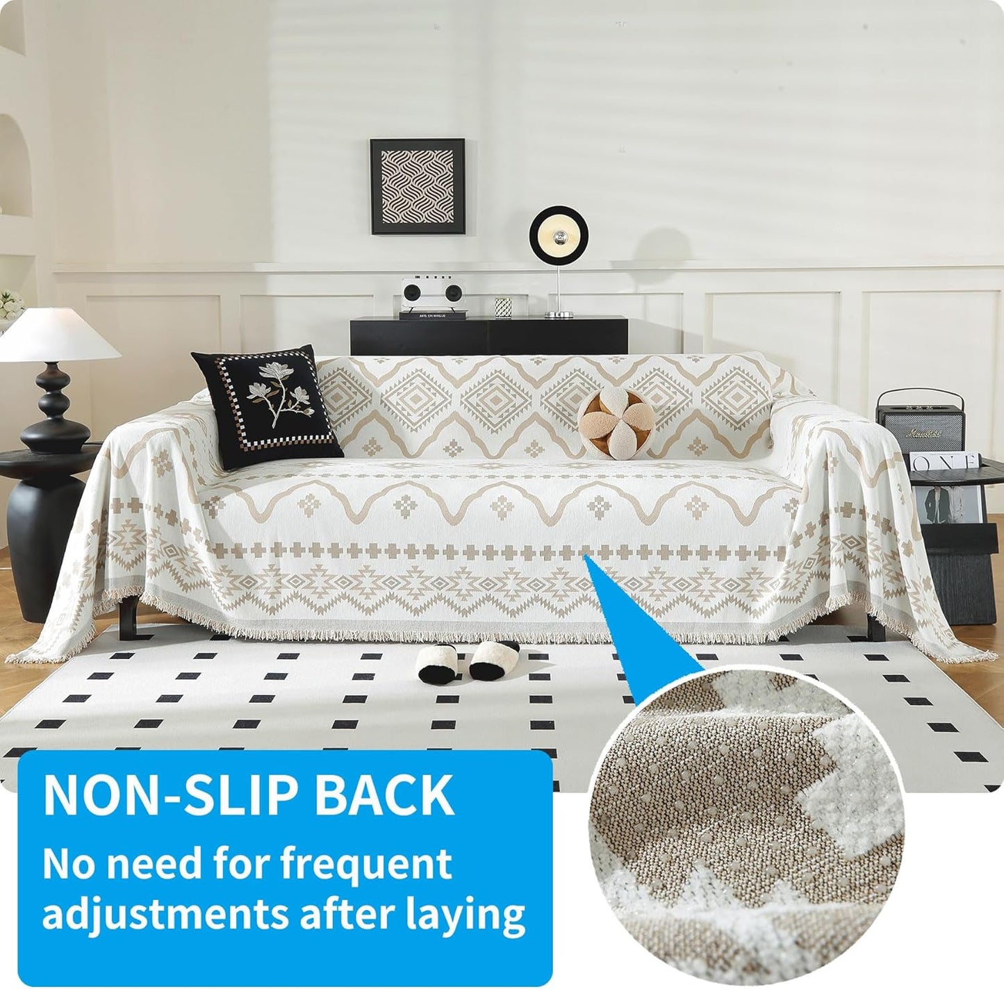 LUFEIJIASHI Boho Couch Covers for Sofa Non Slip Sofa Covers Washable Couch Covers for 3 Cushion Couch Sofa Pet Friendly Sectional Couch Cover Blanket Furniture Protector for Dogs (Khaki, 91"x118")