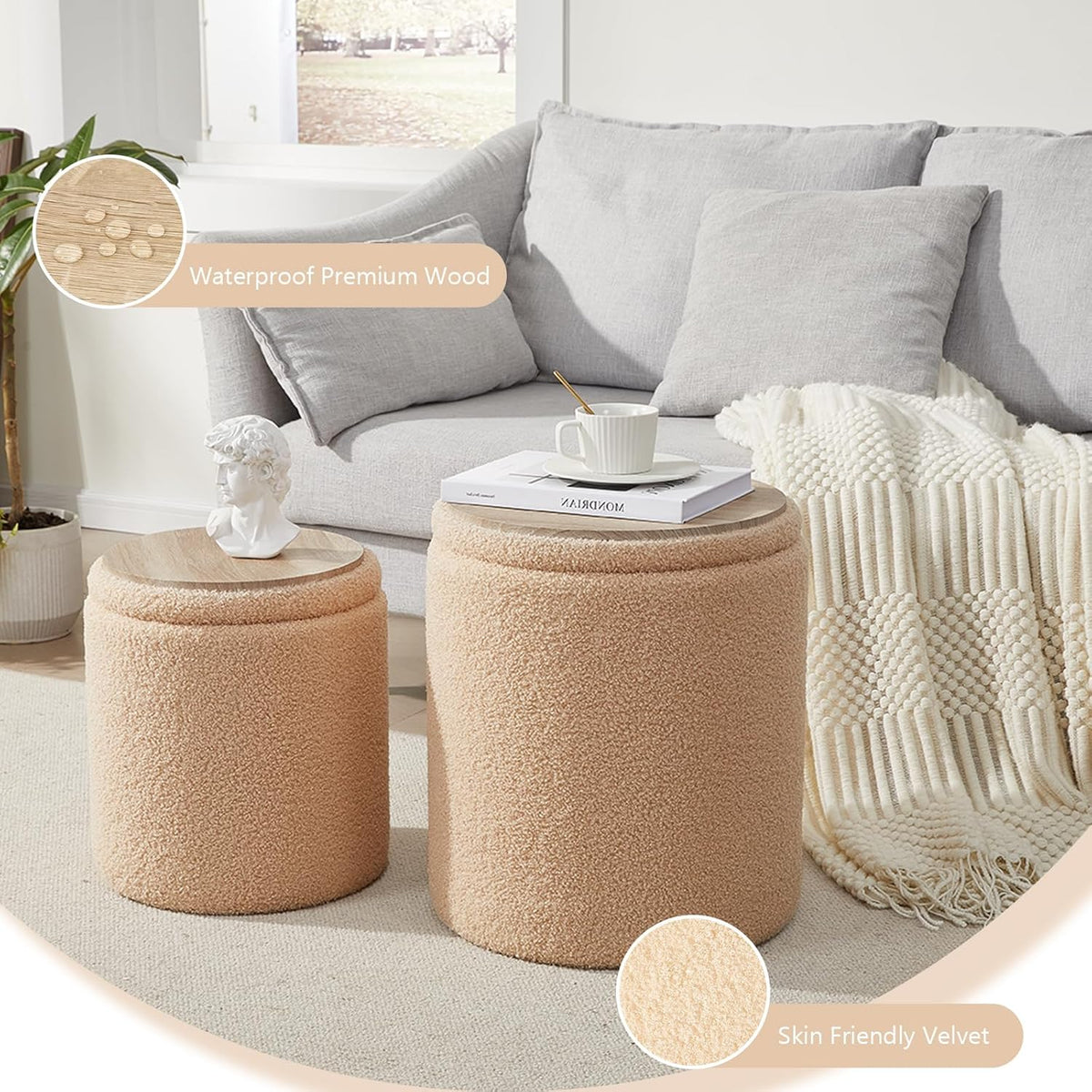 Boucle Round Ottoman with Storage Set of 2,Small Foot Stool Ottoman for Living Room, Small Coffee Table,Vanity Stool with Storage for Bedroom, Beige