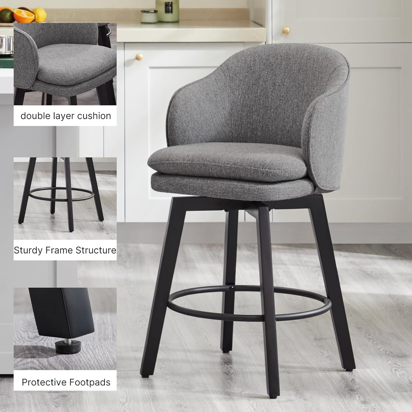 Counter Height Barstools 26 inch Upholstered Swivel Bar Stools with Back and Wood Legs for Kitchen Island,Set of 3,Dark Grey Fabric