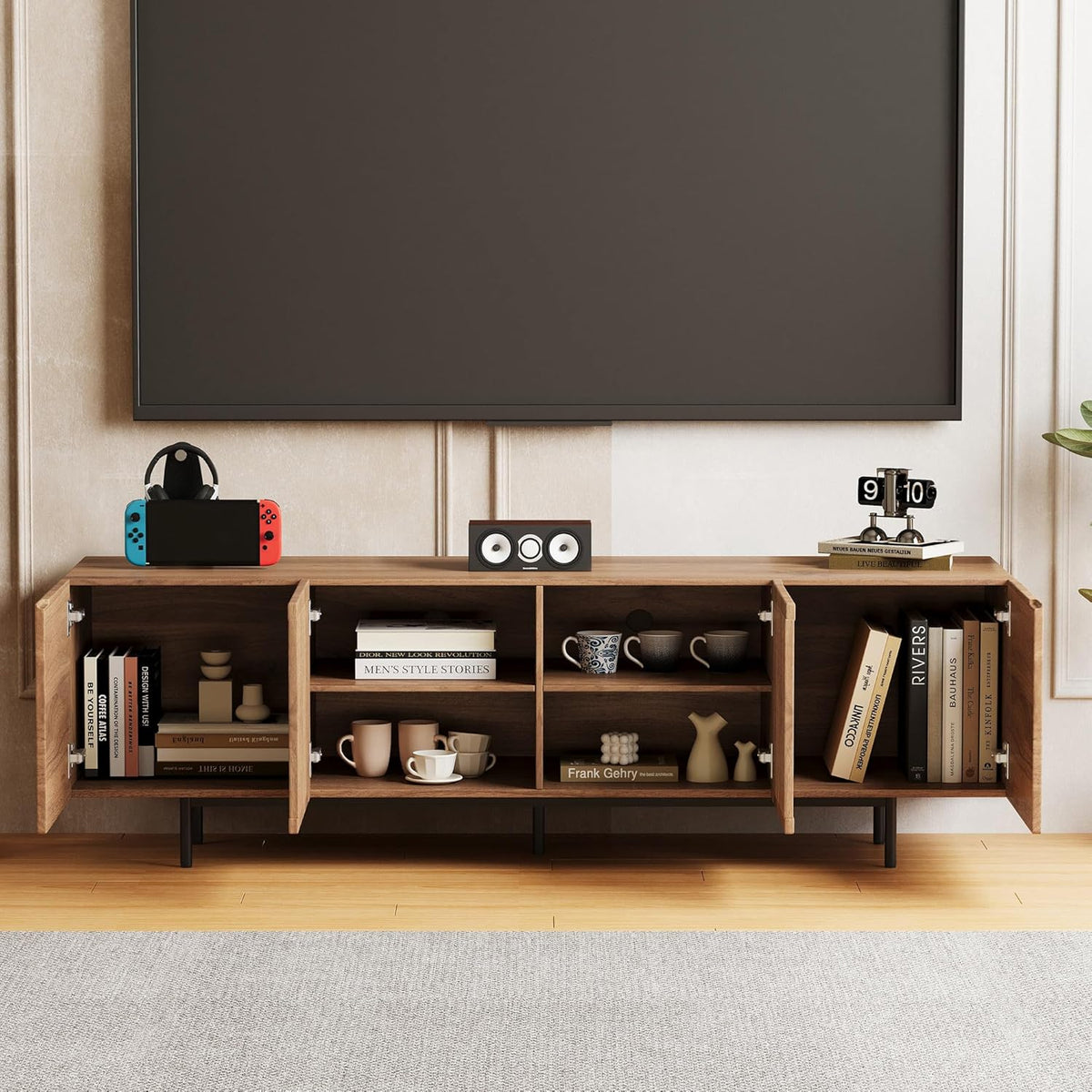 Modern TV Cabinet for 70-inch TV, TV Table with Large Storage Space, TV Cabinet Media Console for Living Room and Bedroom, 180 cm, Walnut Color (70.87“)