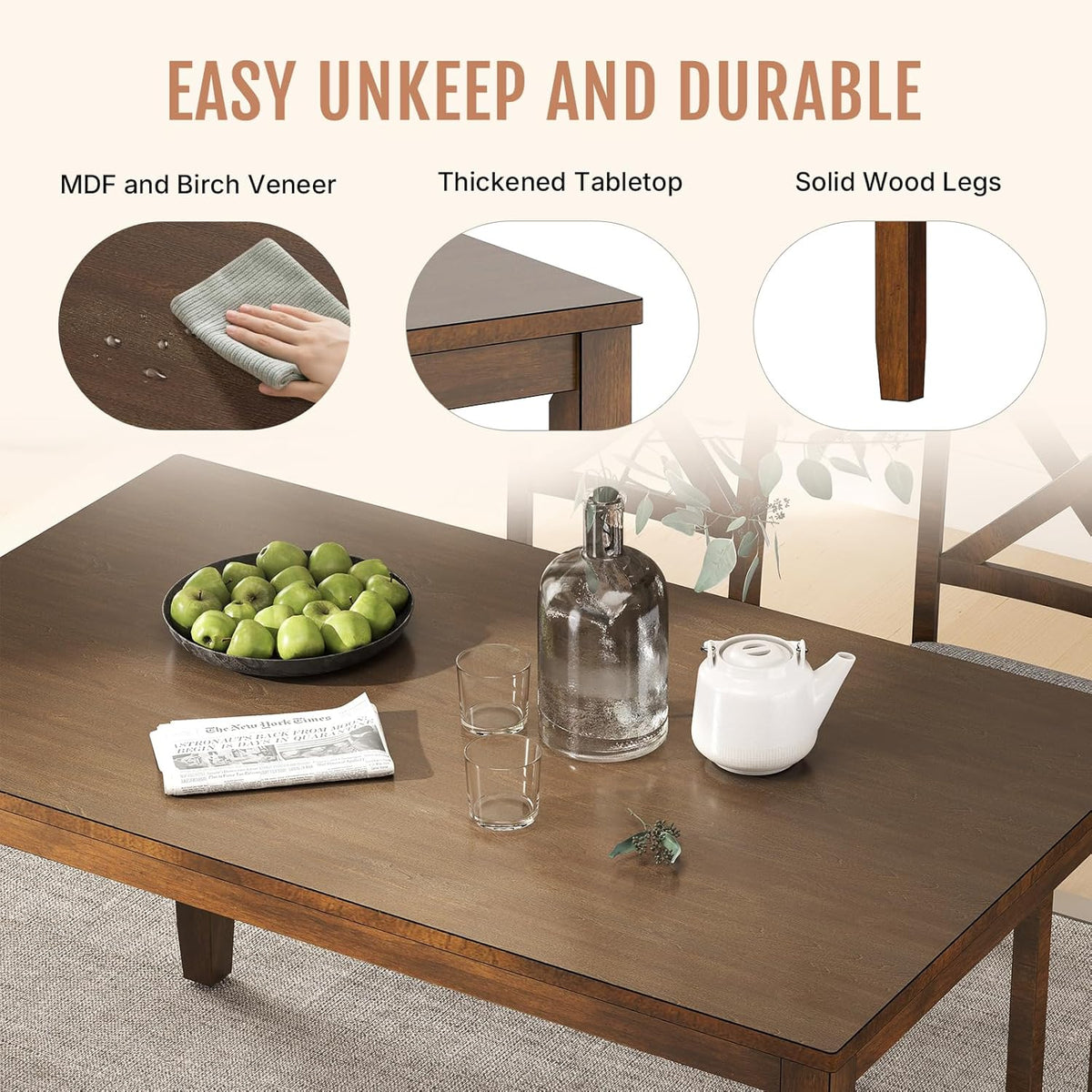 6-Piece Solid Wood Dining Table Set, Including 1 Dining Table, 4 Upholstered Chairs and 1 Bench, Wooden Dining Table Set for Kitchen, Dining Room, Walnut
