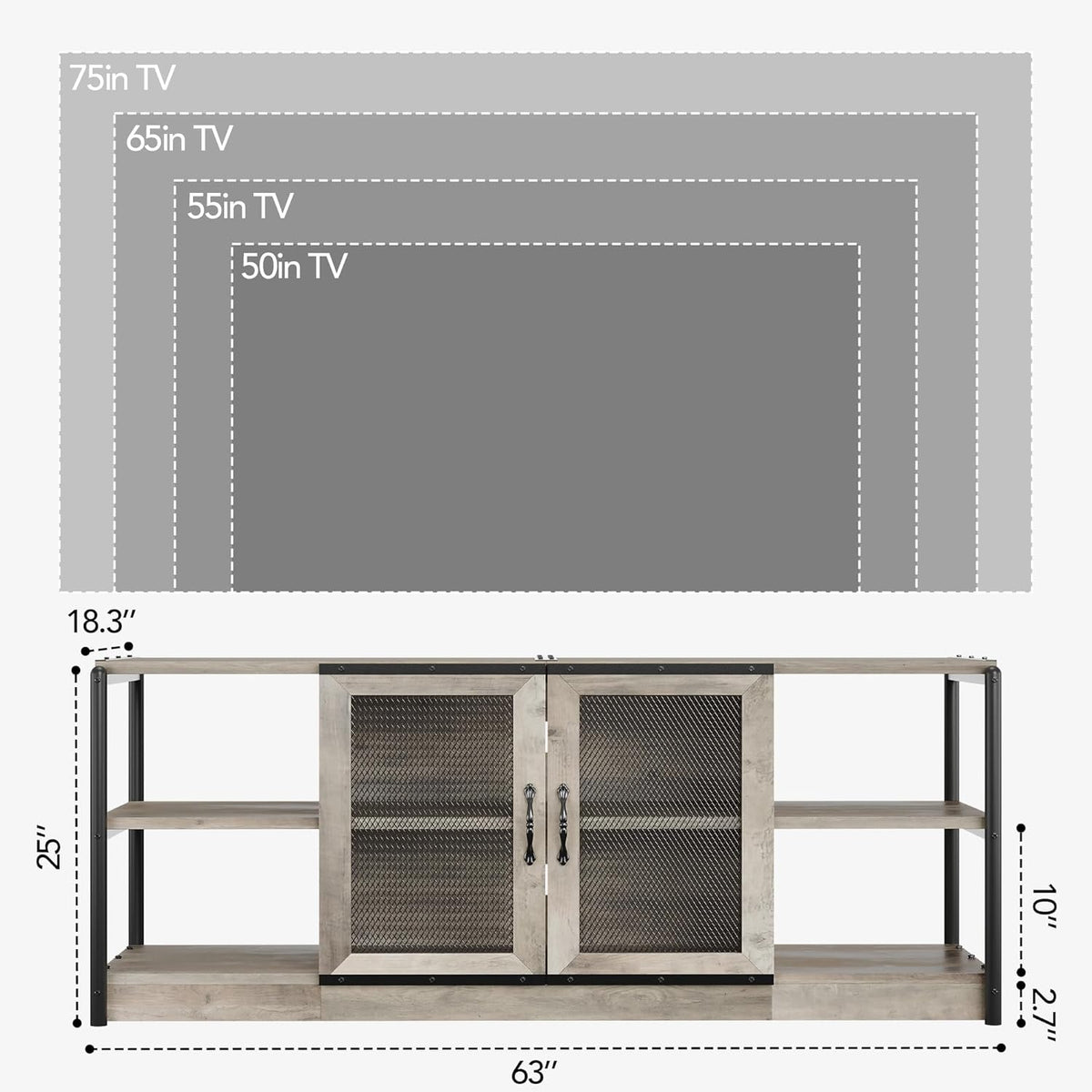 Farmhouse TV Stand for 65+ Inch TV, Industrial TV Cabinet, Entertainment Center with Double Mesh Doors and Storage Cabinet, Rustic TV Cabinet, TV Console Table Media Cabinet for Living Room, Grey