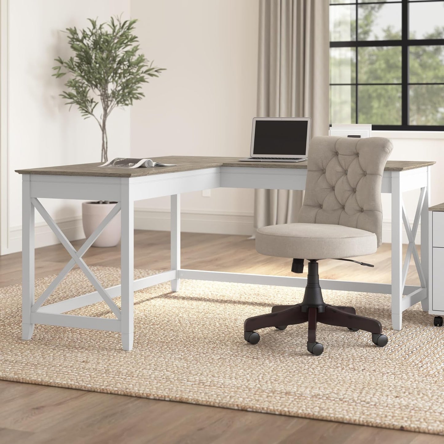 Bush Furniture Key West 60W Modern Farmhouse L Shaped Desk in Pure White and Shiplap Gray | 60-Inch Corner Table for Home Office