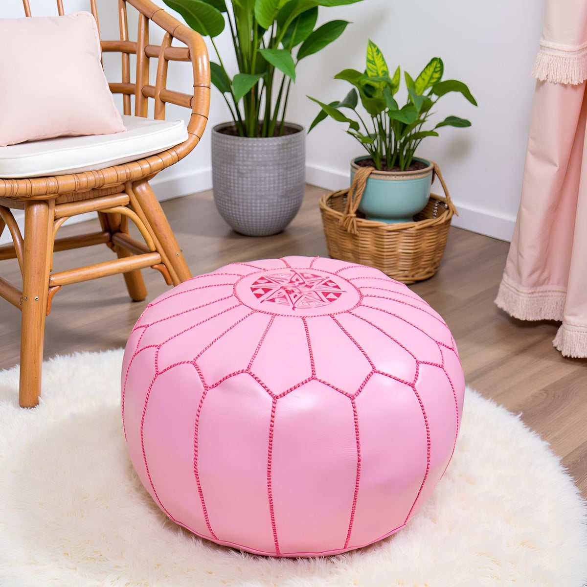 Stuffed Round Design Moroccan Leather Pouf Ottoman, Handmade, Pre-Filled, 100% Genuine Leather, 13” Height x 20” Diameter, Footstool & Living Room Décor (Pink)