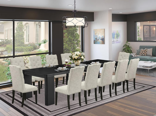 X12EL-006-35 - 13-piece Modern Dining Room Table Set a Rectangular Kitchen Table and 12 Doeskin Linen Fabric Dining Chair, 39x120 Inch, Wire Brushed Black
