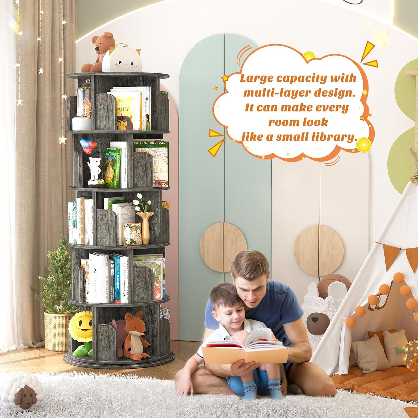 Aheaplus Rotating Bookshelf, 360 Display Wood Spinning Bookshelf Tower, 5 Tier Floor Standing Bookcase Storage Rack, Revolving Bookcase Corner Bookshelf for Small Space, Bedroom, Study Room,Black Oak