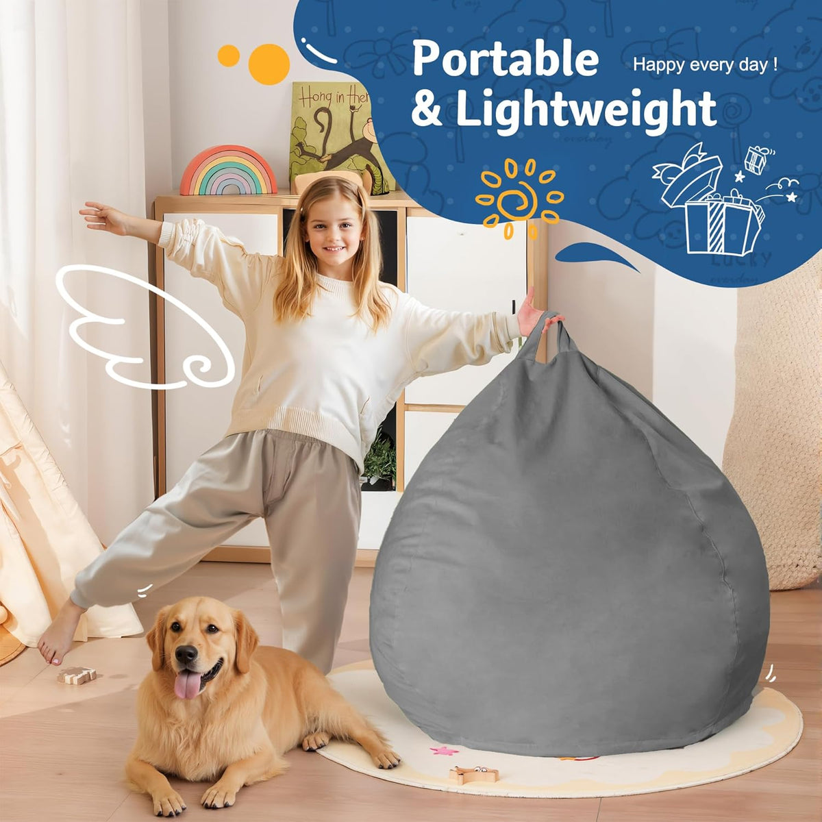 Homguava 2FT Bean Bag Chair: 2' Bean Bags with Memory Foam Filled,Comfy Beanbag Chairs Round Bean Bag Sofa with Dutch Velvet Cover-Light Grey