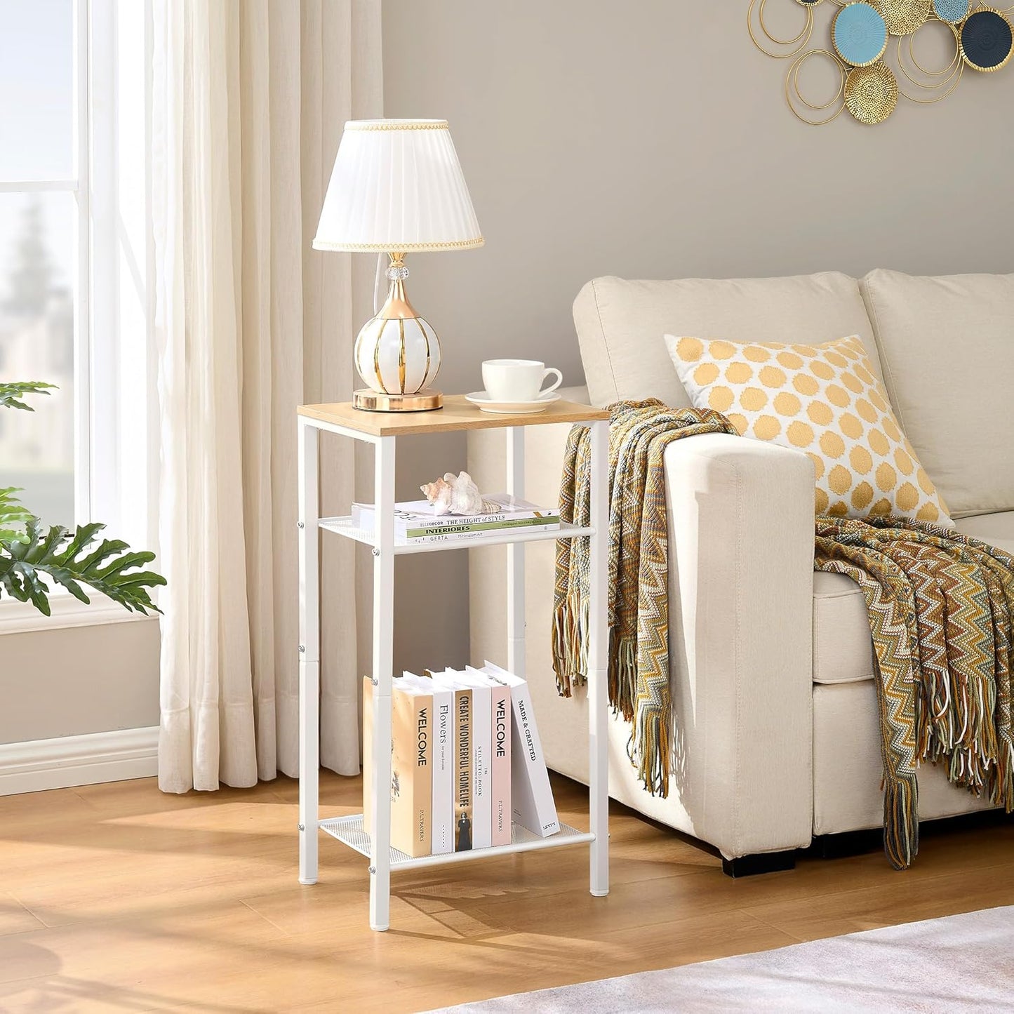 Hoctieon 3 Tier End Table, Telephone Table, Narrow Side Table with Storage, Nightstand for Small Spaces, Metal Frame, for Living Room, Bedroom, Sofa Couch, Hall, Easy Assembly, White and Yellow Oak