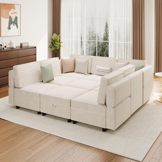 Modular Sectional 9-Seat Sofa, L Shaped Sectional Couch with Removable Storage Ottoman, Convertible Sleeper Sofa Suitable for Living Room, Bedroom, and Apartments, Beige