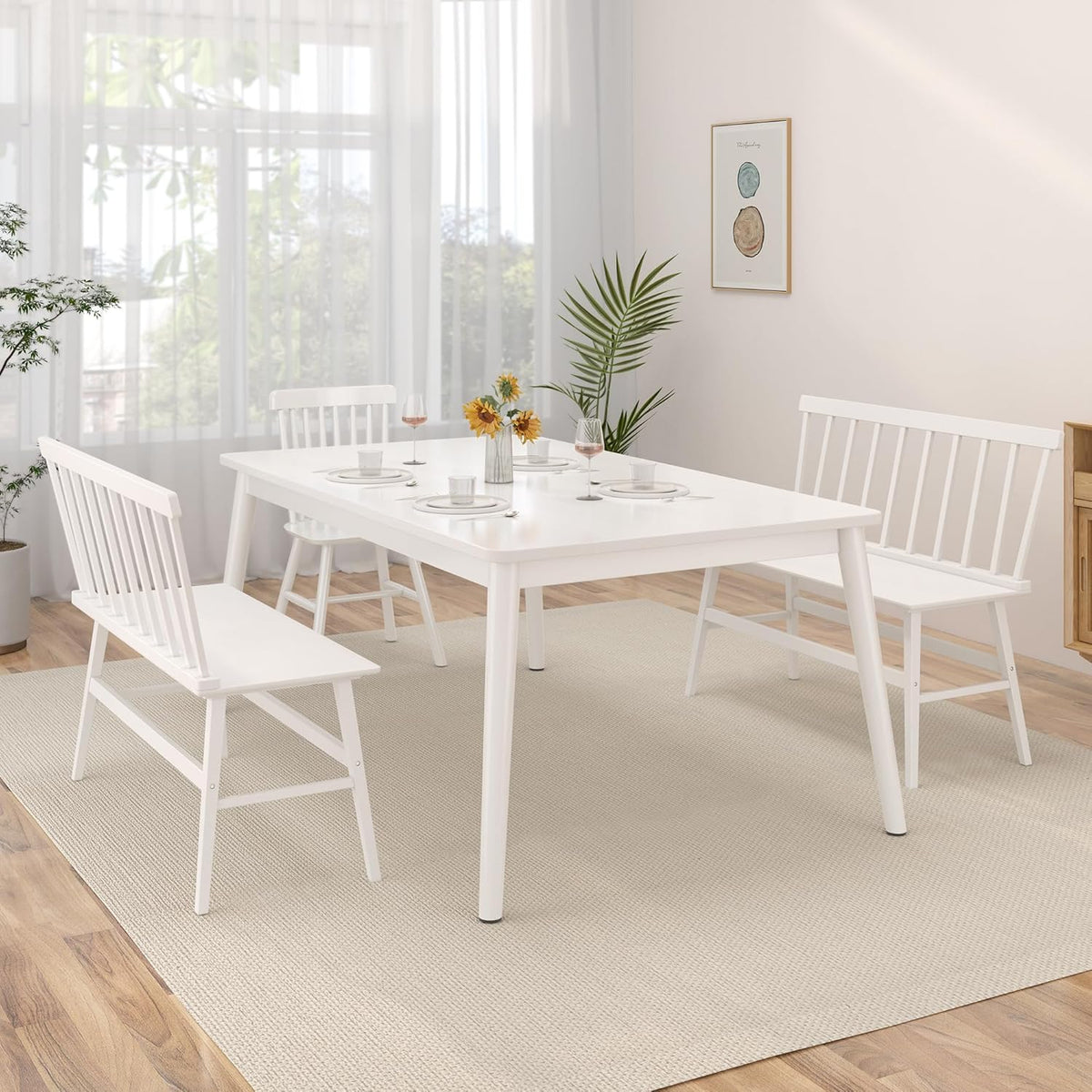 Bamboo Dining Bench, Wooden White Entryway Bench with Spindle Back Farmhouse Wood Windsor for Foyer Balcony Living Room Comfortable Winsor Chair Benches for Home