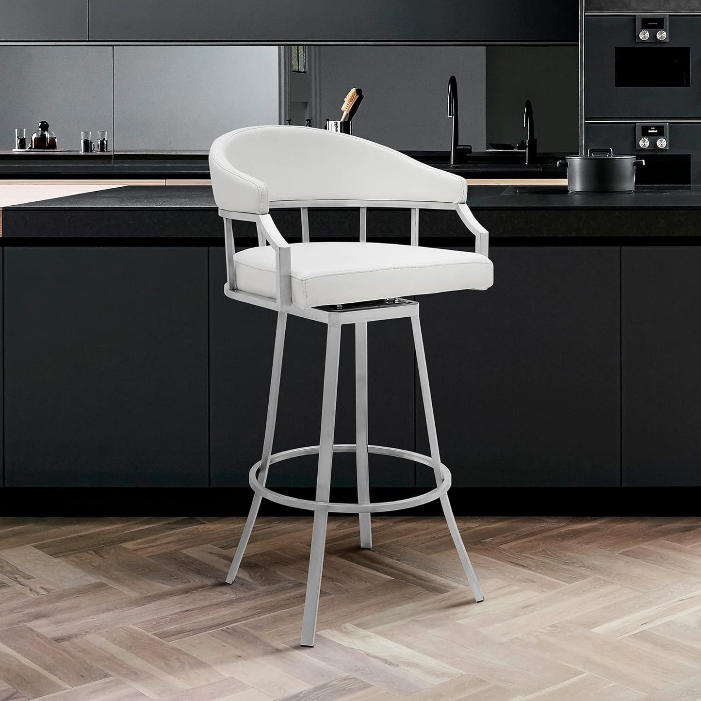 Armen Living Valerie Modern 26" Seat Height White Faux Leather and Brushed Stainless Steel Metal Swivel Bar Stool for Kitchen Island Counter