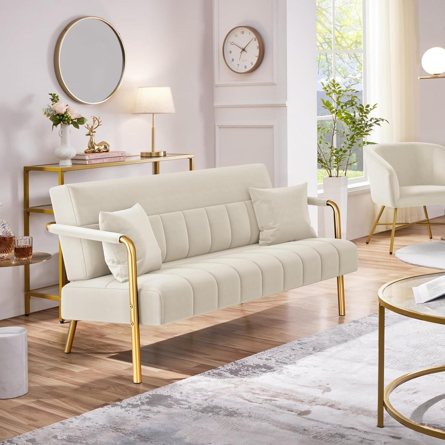 Yaheetech 56.5" W Modern Loveseat 2 Seater Sofa Luxurious Velvet Fabric Couch with Gold-Tone Metal Arms and Legs for Living Room, Home Office, Studio Beige