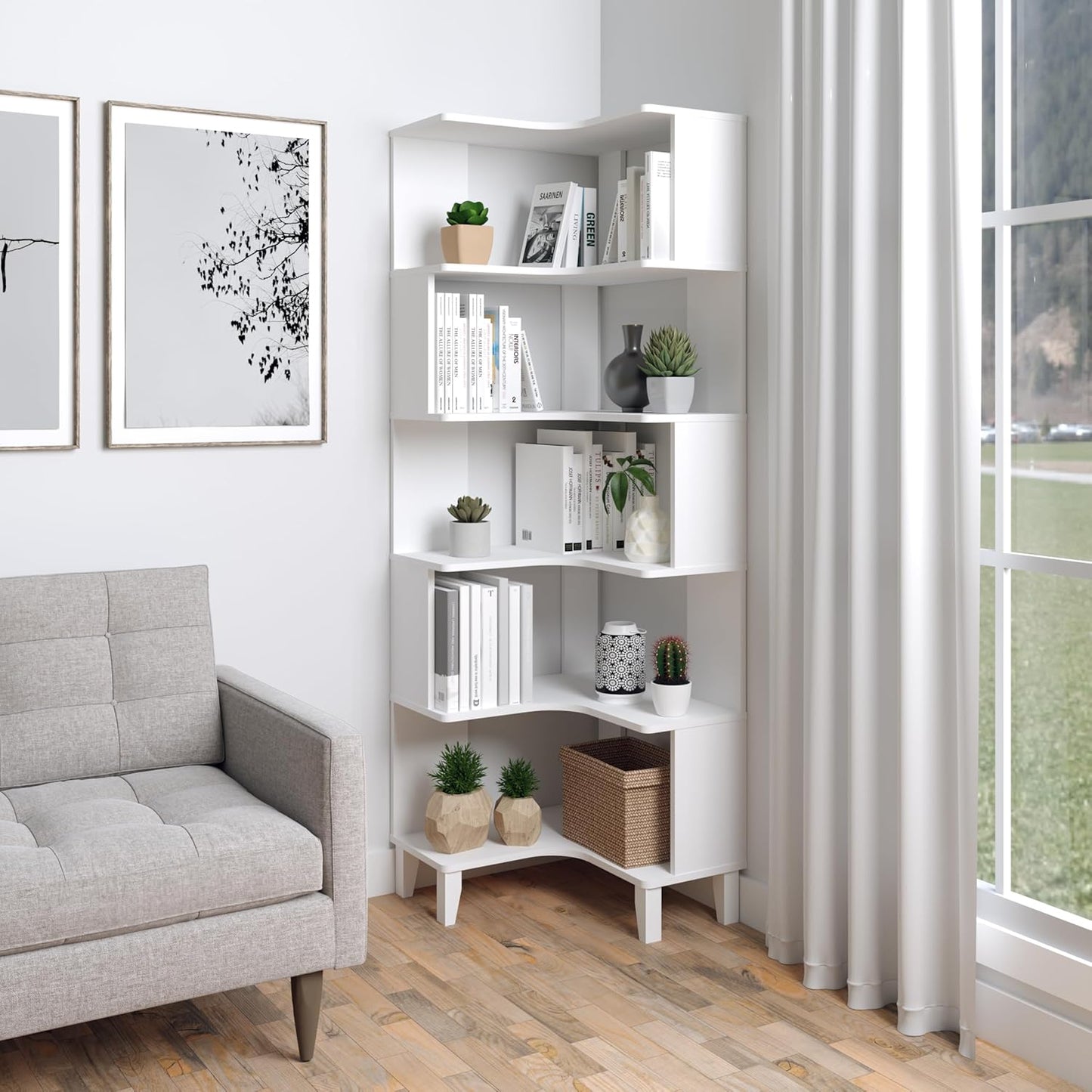 Prepac Nordik 6-Tier White Modern Mid Century Corner Bookcase, 71.5" Extra Tall White Corner Shelf with Storage, Multifunctional Freestanding Bookshelf for Home Office, Living Room, Bedroom