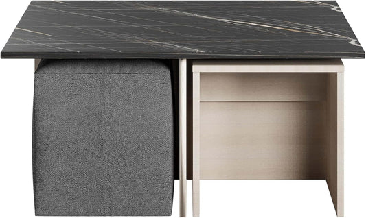 Manhattan Comfort Haley Mid Century Modern Coffee Table & Ottoman Set with Nested Design for Small Spaces, Versatile Living Room Furniture, Accent Decor, White and Black Marble