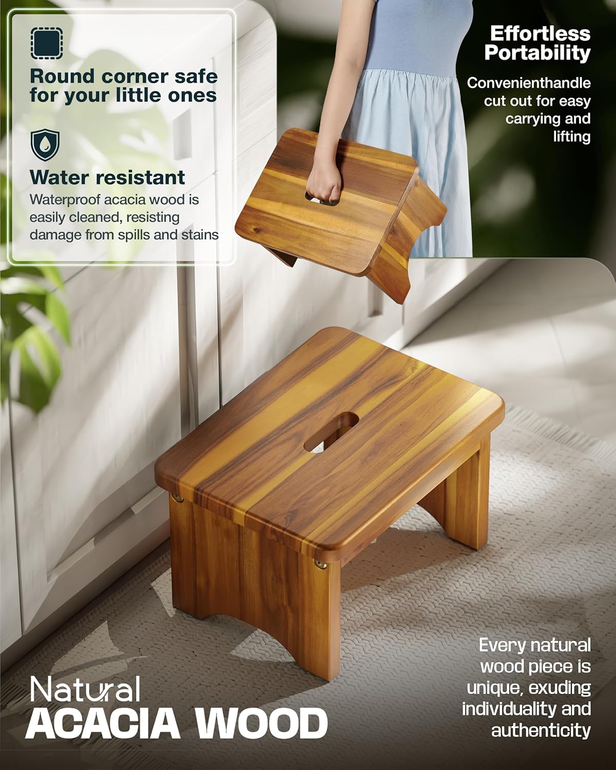 Wooden Step Stool, 9'' One Step Stool for Adults, Wooden Beside Step with 550 Lbs Load Capacity, Heavy Duty/Portable/Nonslip/Durable Construction Safe Step for Bedroom/Kitchen