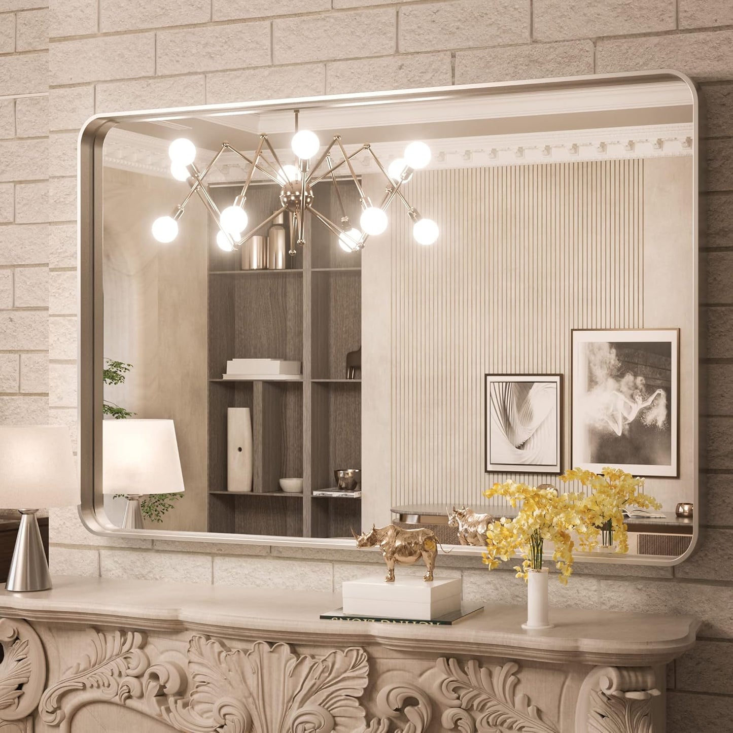 TokeShimi 40 x 30 Inch Brushed Silver Bathroom Mirror for Wall Brushed Brass Metal Rounded Corner Rectangle Mirror Metal Frame Deep Set Design Hangs Horizontal Or Vertical