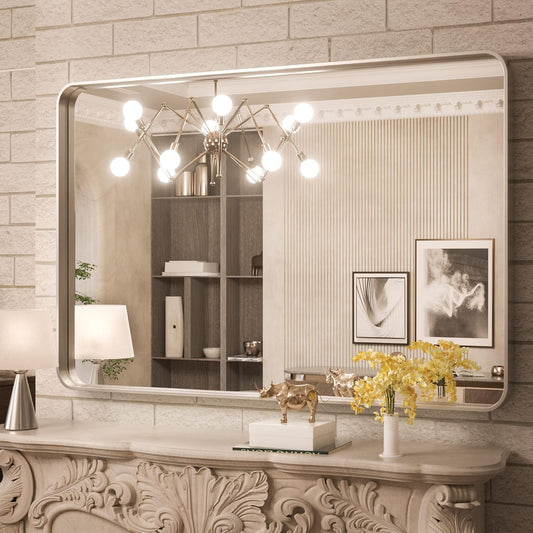 TokeShimi 40 x 30 Inch Brushed Silver Bathroom Mirror for Wall Brushed Brass Metal Rounded Corner Rectangle Mirror Metal Frame Deep Set Design Hangs Horizontal Or Vertical