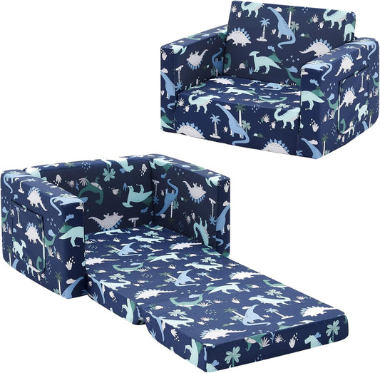 Ulax furniture Kids Sofa Chair for Reading, 2-in-1 Sofa Toddler Fold Out Couch, Convertible Sofa to Sleeper Couch (Navy Dinosaur)