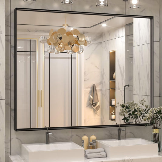 Keonjinn Black Bathroom Mirror 48” x 40” Wall Mirror for Bathroom Vanity Large Metal Frame Rectangle Mirror for Over Sink Rectangular Farmhouse Square Corner Framed Mirror(Horizontal/Vertical)