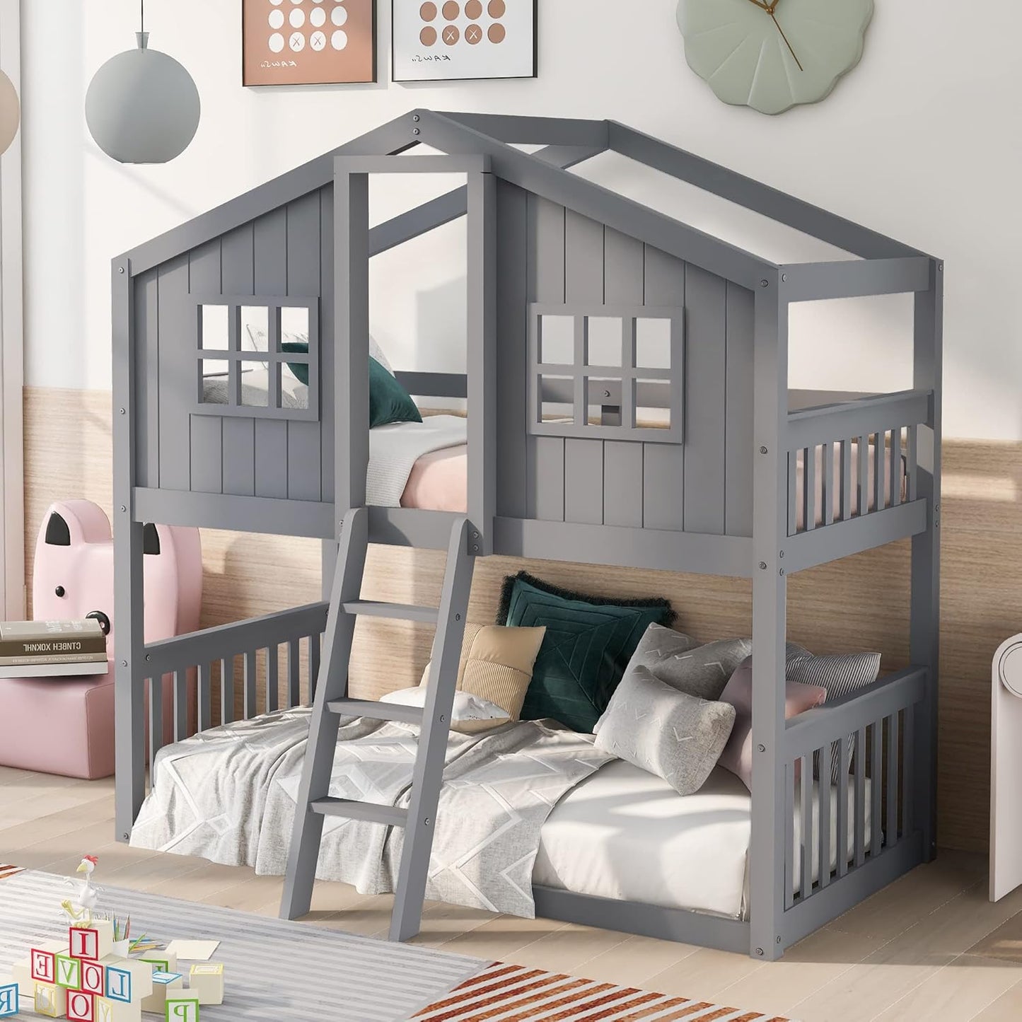 Ball & Cast Twin Over Twin Size House Bunk with Ladder and Window,Wood Bunkbed w/Full-Length Guard Rail & Ladder,Slat Support,Space Saving,Bedroom Furniture for Student Dorms,Gray