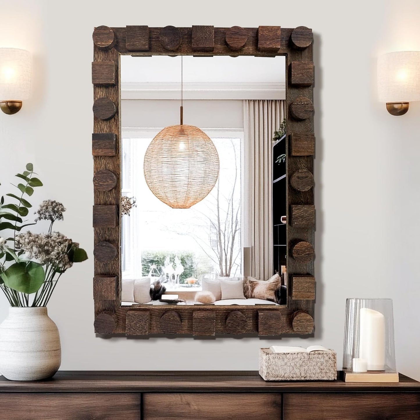 28x20 Inch Handcrafted Solid Wood Square Wall Mirror with Geometric Wood Inlay Design, Rustic Natural Texture for Bathroom, Bedroom, Living Room Decor