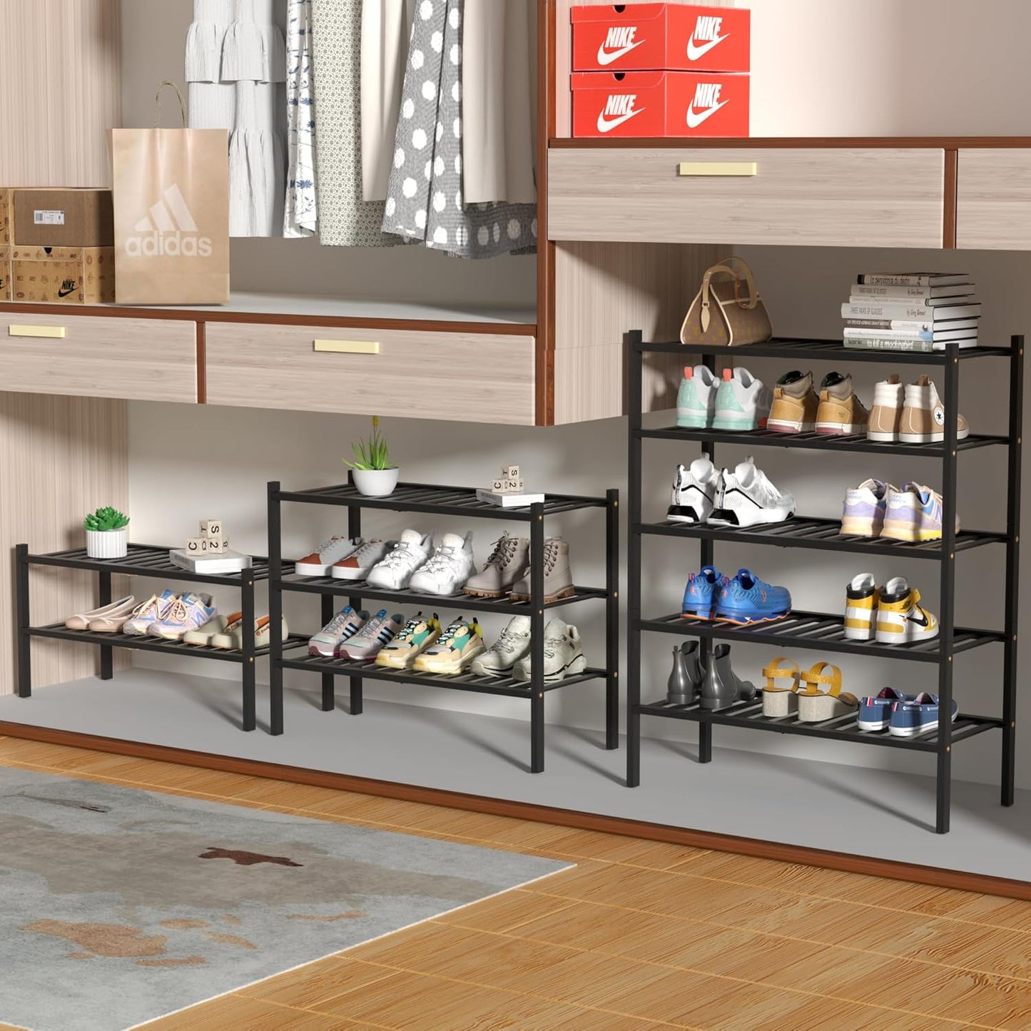 4 Tier Bamboo Shoe Rack for Closet Free Standing Wood Shoe Shelf for Entryway Small Space Stackable 27"x11"x26" (Black)