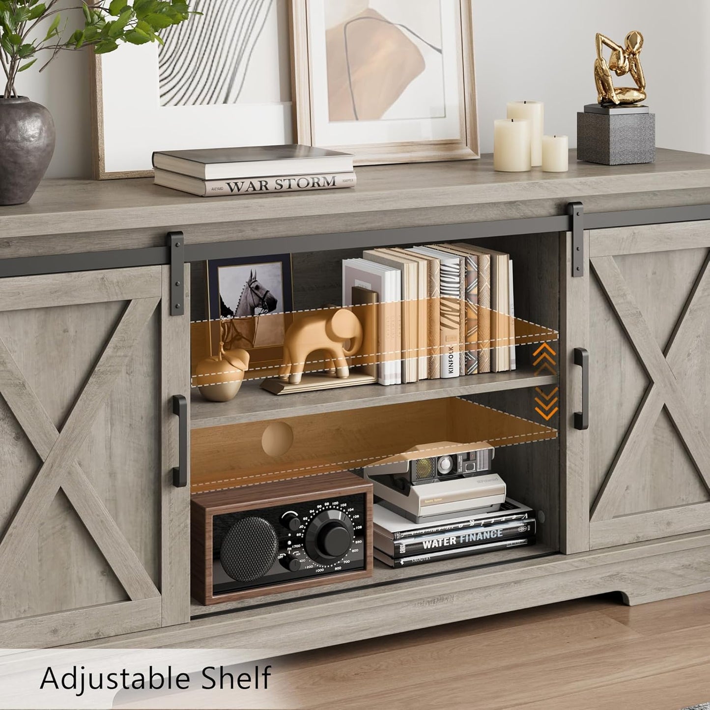 GarveeHome Farmhouse Tv Stand for 65 Inches TVs, Entertainment Center with Sliding Barn Doors and Adjustable Shelf, Modern Media TV Console TV Stand Table for Living Room, Bedroom, Grey