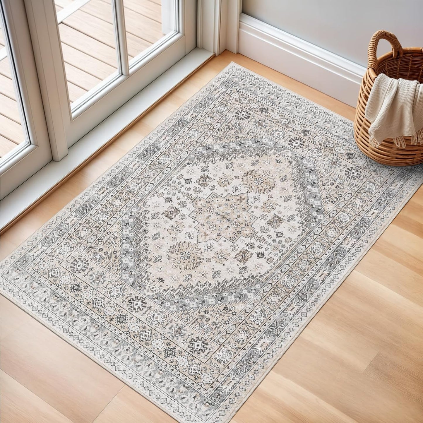 zesthome 2x3 Entryway Rug, Soft Washable Rugs, Non Slip Area Rug, Stain Resistant Low Pile Rugs for Bedroom, Vintage Rug for Door Mat, Kitchen (Beige,2'x3')