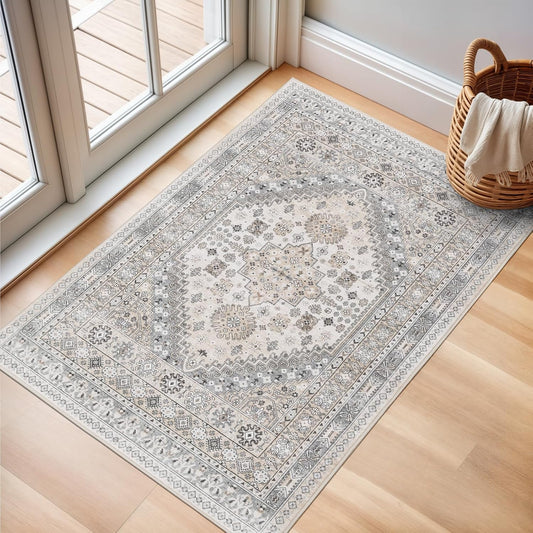 zesthome 2x3 Entryway Rug, Soft Washable Rugs, Non Slip Area Rug, Stain Resistant Low Pile Rugs for Bedroom, Vintage Rug for Door Mat, Kitchen (Beige,2'x3')