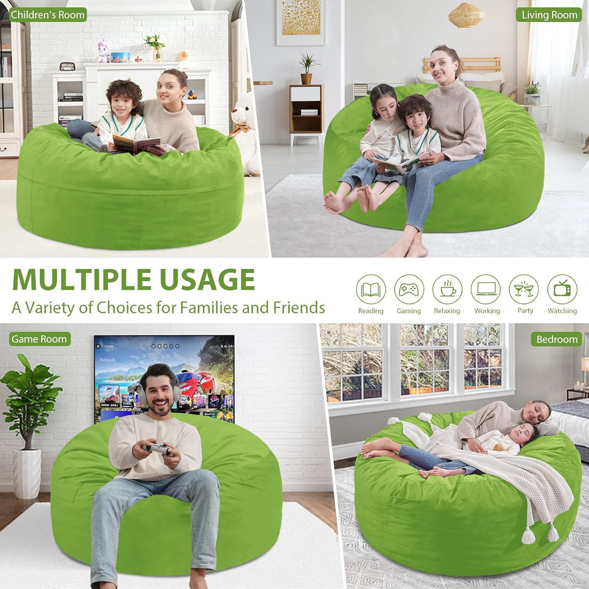 3FT Bean Bag Chair, Comfy Bean Bag Chairs with Memory Foam Filled, Fluffy Beanbag Sofa with Dutch Velvet Cover, Round BeanBag Chairs for Living Room, Playroom - Lime