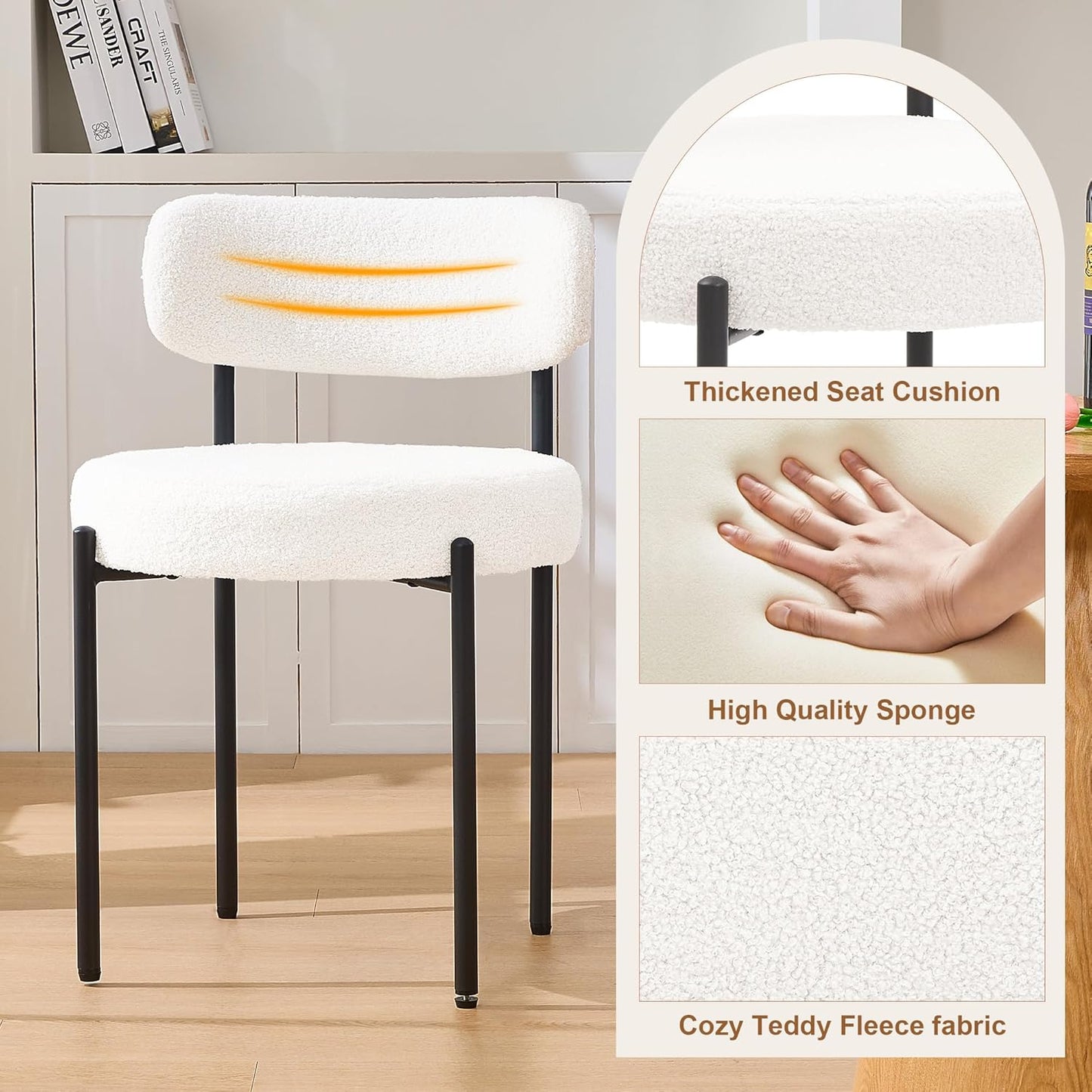 Dining Chairs Set of 2, White Boucle Dining Chair, Curved Backrest Upholstered Dining Room Chairs with Black Metal Legs, Mid Century Modern Dining Chairs for Kitchen, Living Room, White