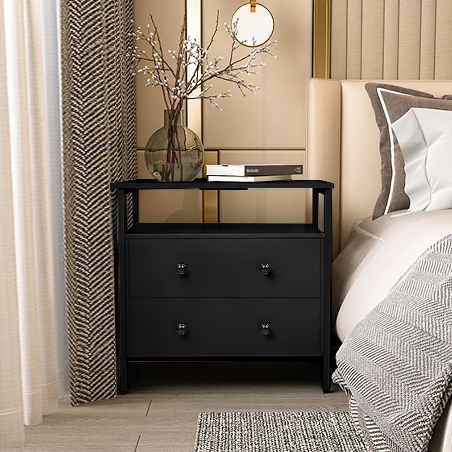 27 inch Wide Nightstand with Charging Station, Bedside Table with Open Shelf, 2 Drawers Small Wood Dresser, End Side Table for Bedroom (2 Pack,Black)