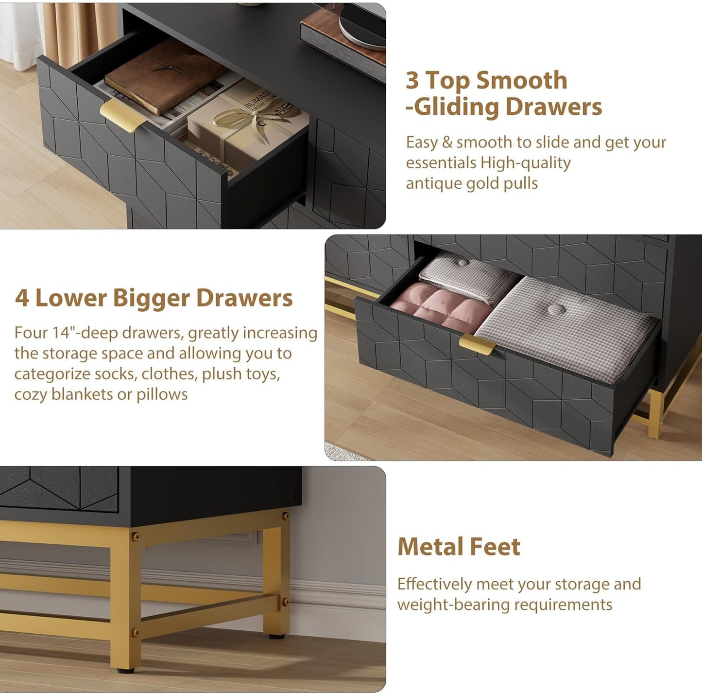 GAOMON Dresser for Bedroom, 53.5" Wide Dresser Organizer, 7 Drawer with Golden Metal Handle and Legs, Modern Chest of Drawers for Closet, Hallway, Living Room, Entryway, Black