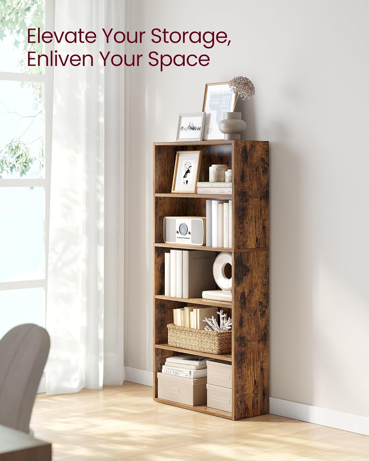 VASAGLE CUSTOS Collection - Bookshelf, 5-Tier Bookcase, Book Shelf, Open Storage Shelf, 9.4 x 23.6 x 52.8 Inches, for Living Room, Home Office, Dinning Room, Rustic Brown ULBC165X01