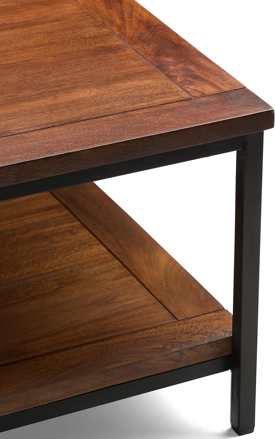 SIMPLIHOME Skyler Square Coffee Table - 34 inch Wide Solid Mango Wood and Metal Living Room Table in Dark Cognac Brown, Industrial Center Table for Family Room with Open Shelf and Black Frame