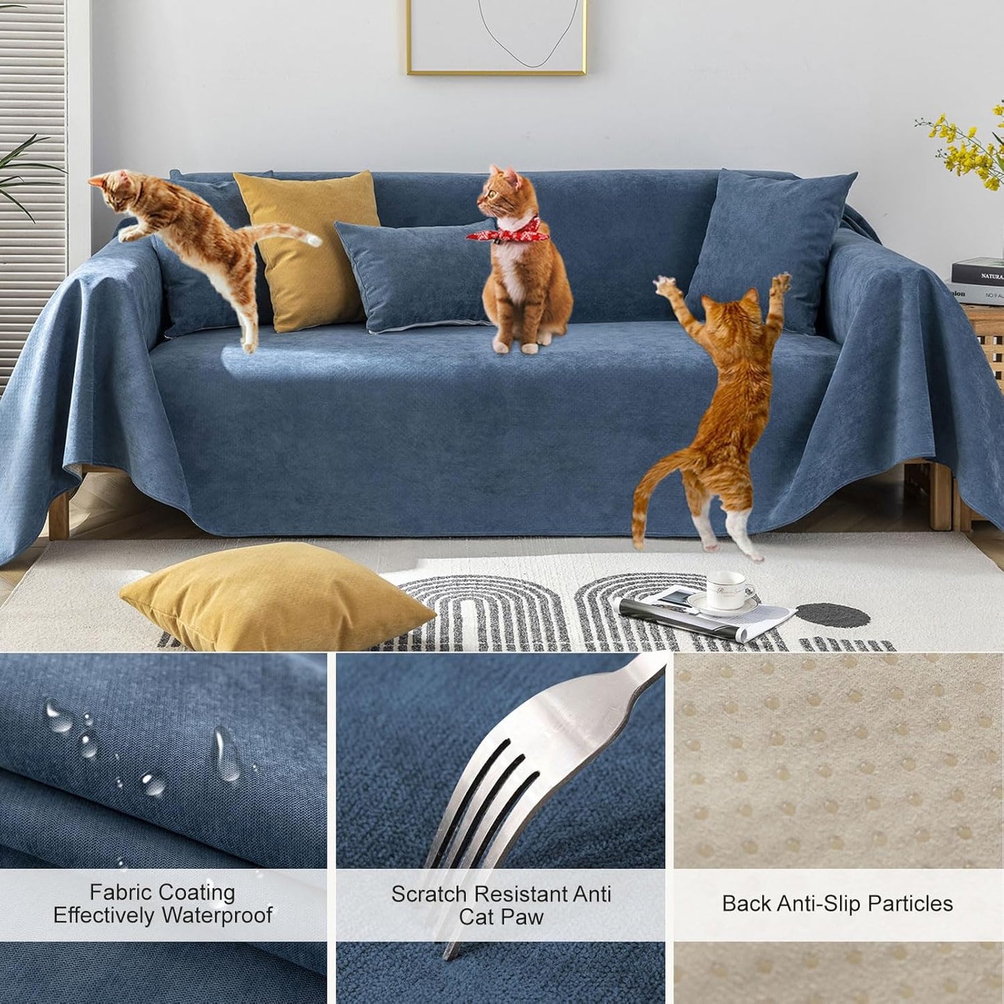 STACYPIK Dark Blue Waterproof Sofa Covers for Sofa Water Resistant Couch Covers Dog Bed Cover Non-Slip Sofa Slipcovers for Kids Pets Washable Furniture Protector Covers for 3 Cushion Couch-71X150IN