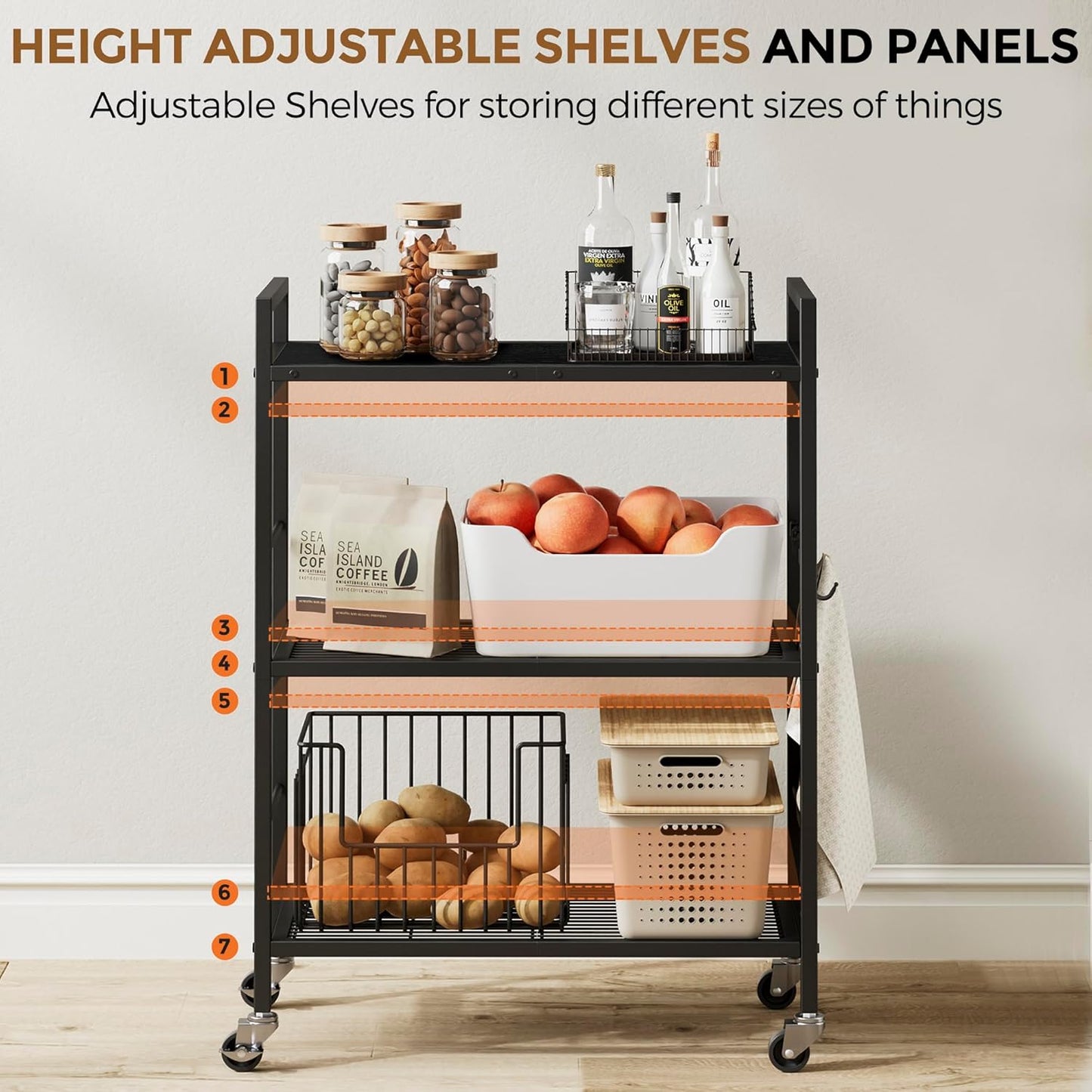 3-Tier Metal Storage Rack with Industrial Wheels,Mesh Shelving Unit with Wooden Table top,Adjustable Shelf,23.6-Inch Width,15.8-Inch Depth, for Kitchen, Laundry,Pantry,Plant,Black panel