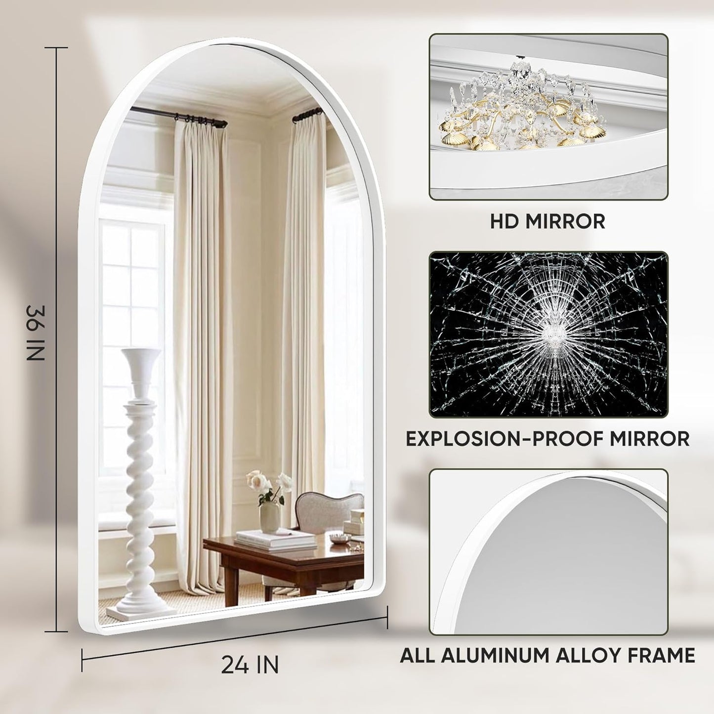 Suidia 24" x 36" Bathroom Mirror, Bathroom Vanity Mirror Metal Framed, Wall-Mounted Mirrors for Bedroom, Living Room, Entryway, Hallway, White, Arch Style