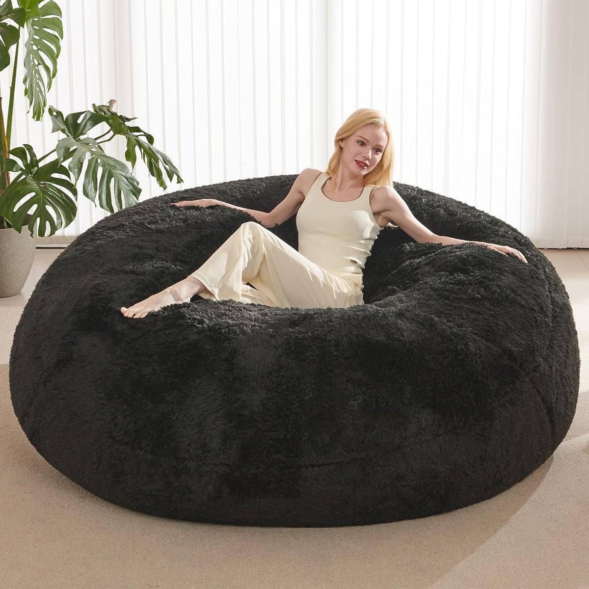 Bean Bag Cover(No Filler), Fluffy Beanbag Chairs Cover Only, Stuffed Animal Storage Bean Bag, Washable Lazy Sofa Beanbag Cover without Filler, 6FT, Black