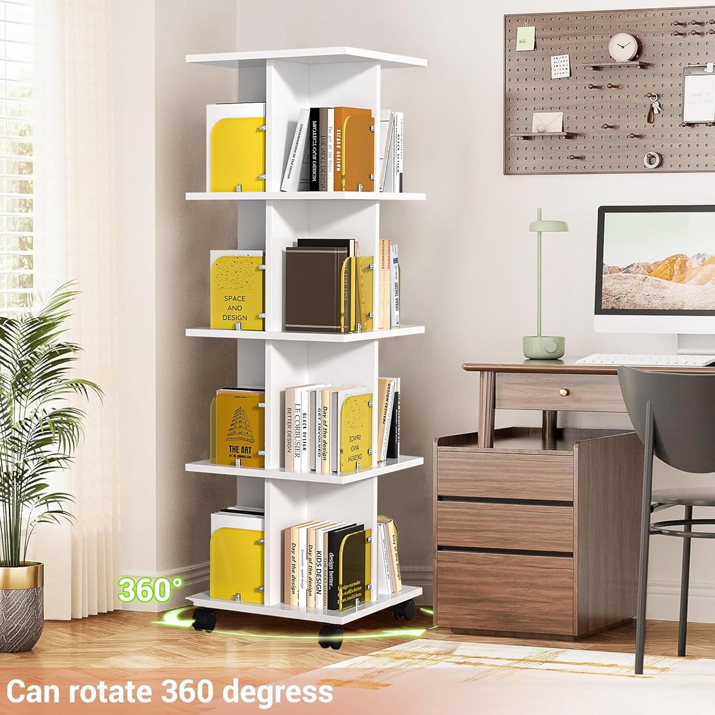 VECELO 4-Tier Rotating Bookshelf on Wheels, Revolving Bookcase Tower, Mobile Book Rack with Acrylic Windows, Narrow Rolling Bookshelves for Small Space, Corner, Bedroom, Office, White