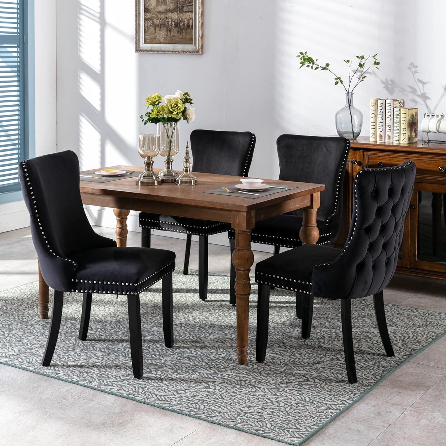 Acosure Set of 2 Velvet Upholstered Wing-Back Dining Chair with Backstitching Nailhead Trim,Exquisite Furniture Stoo W/Wood Legs,for Kitchen,Sitting Room,Black