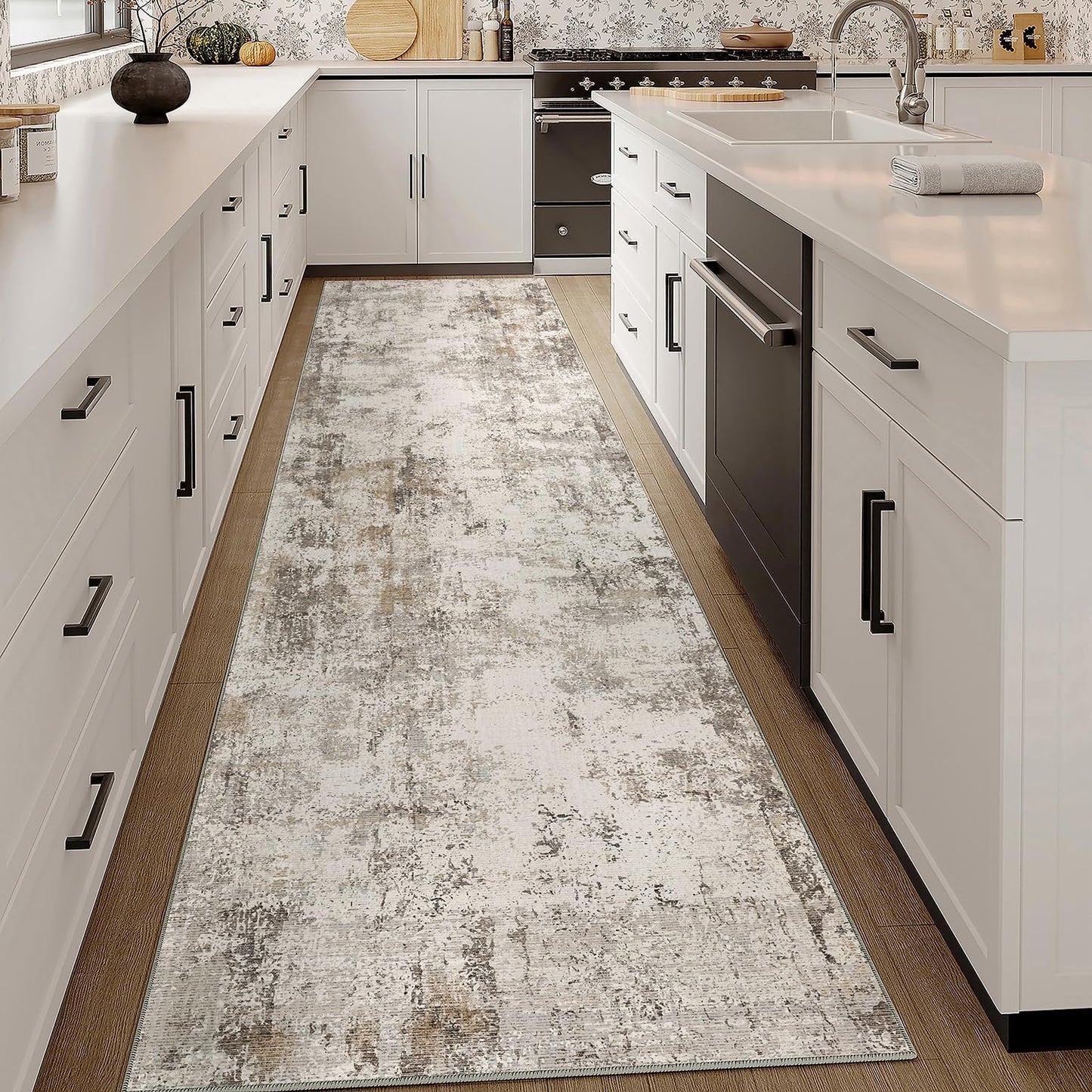 2x12 Washable Runner Rug Brown Grey Neutral Abstract Hallway Kitchen Living Room Bedroom Non Slip Throw Rug Soft Low Pile Indoor Carpet for Entrance Laundry Bathroom