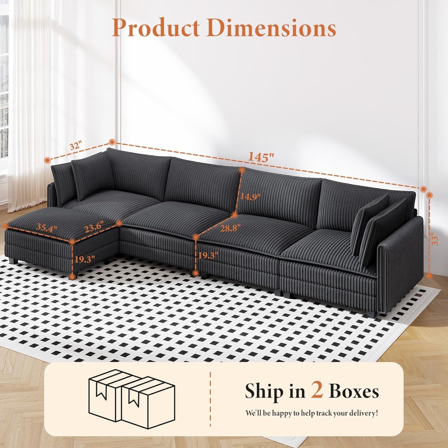 Vesgantti 143" L Shaped Modular Sectional Sofa, Comfy Corduroy Upholstered Modular Sectional Couches for Living Room, Modern Cloud Couch with Ottoman Deep Seat, Dark Grey