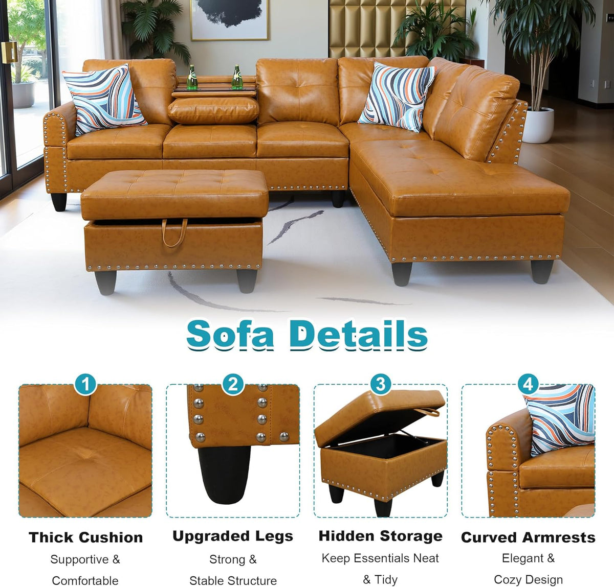 97.5" Oversized Sectional Couch, L Shaped Couch with Storage Ottoman, Modern Modular Sofa with Deep Seat, Sectional Couches for Living Room and Office, Ginger (PU Leather)