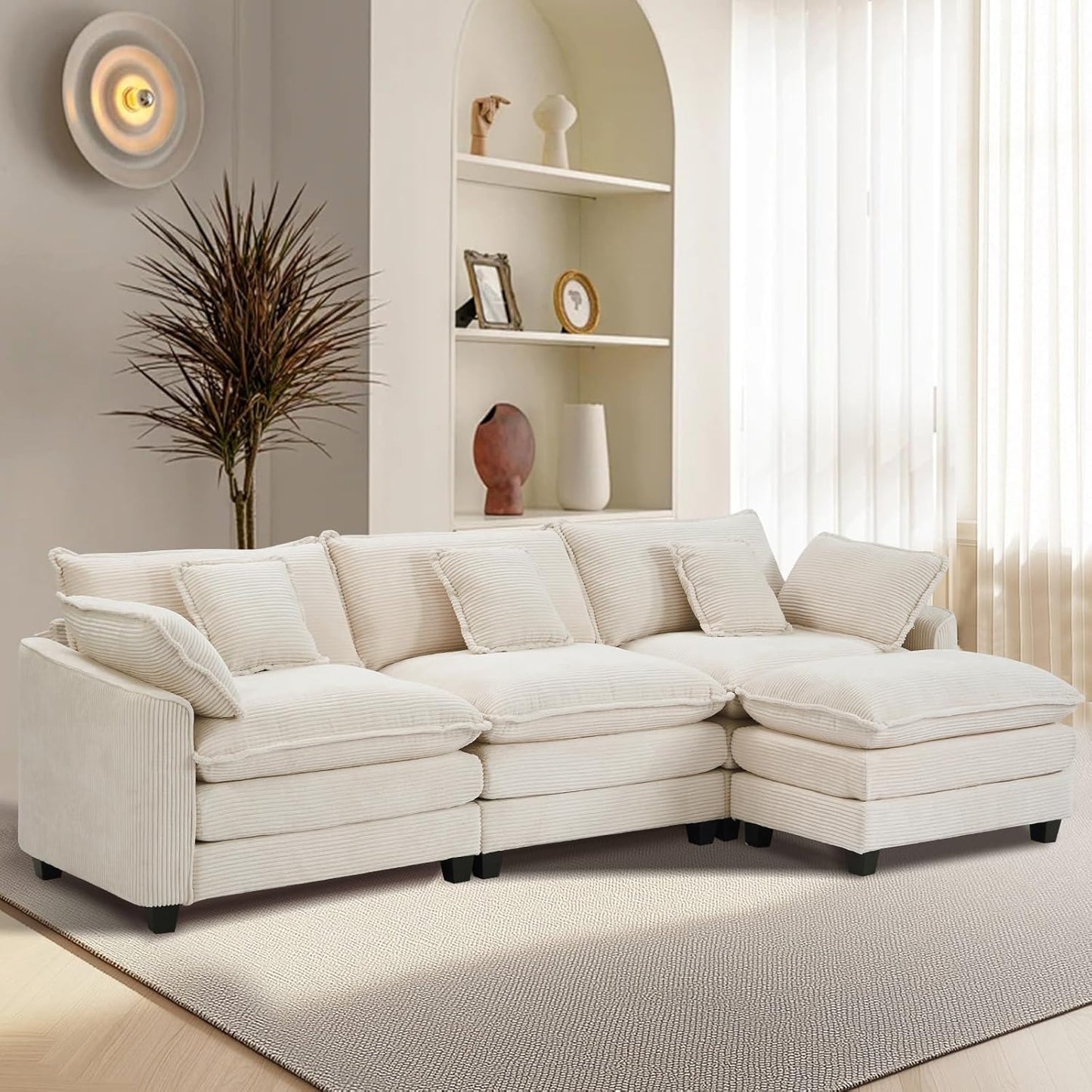 Furniliving 117‘’ L-Shaped Sofa, Luxury Corduroy Modular Sectional Couches with Ottoman, Upholstered Deep Seat Sleeper Sofa with Memory Foam and Waist Pillows, Beige