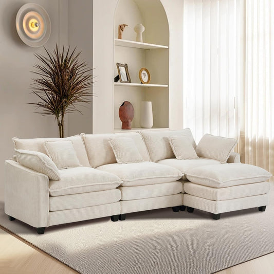Furniliving 117‘’ L-Shaped Sofa, Luxury Corduroy Modular Sectional Couches with Ottoman, Upholstered Deep Seat Sleeper Sofa with Memory Foam and Waist Pillows, Beige