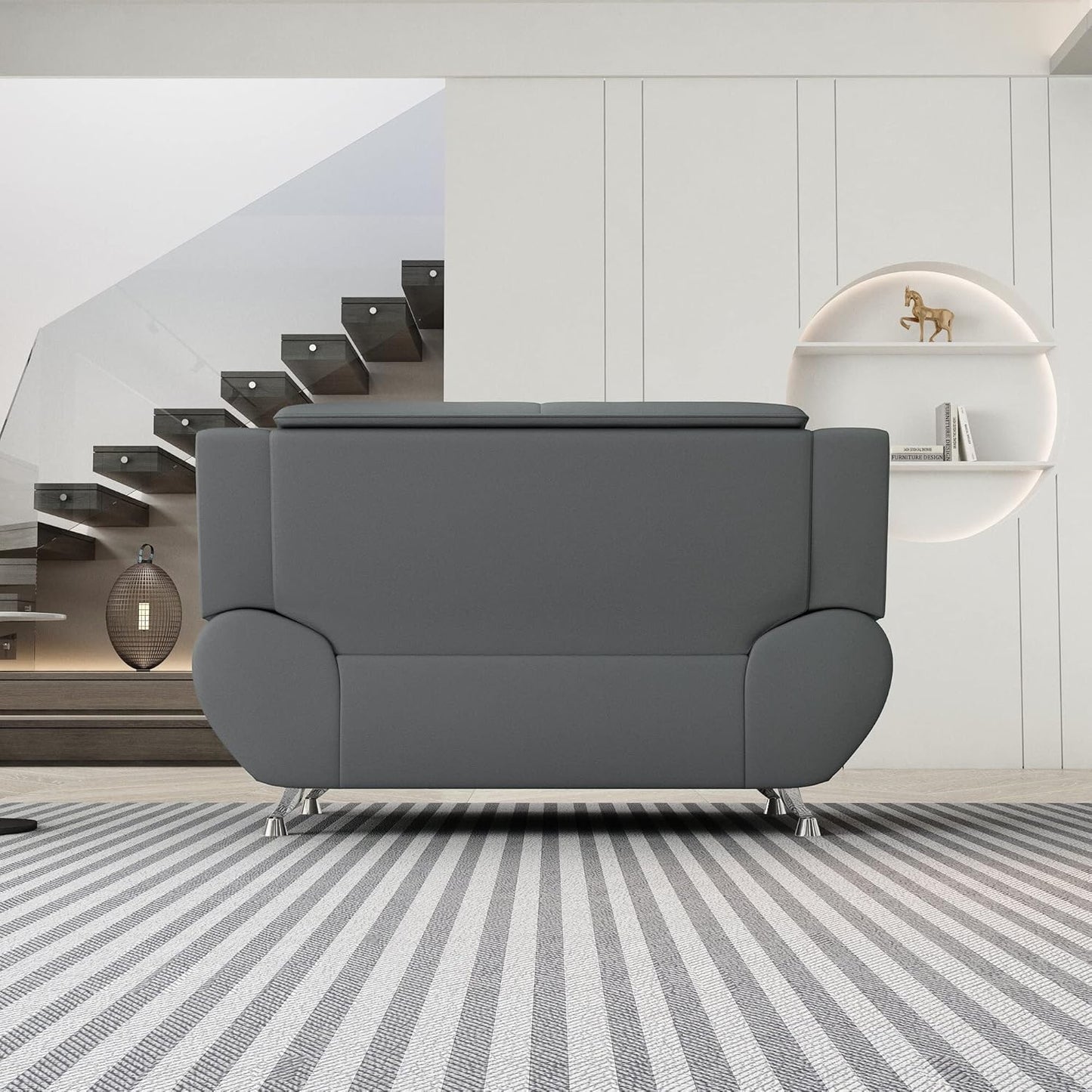 Container Furniture Direct Michael Modern Faux Leather Upholstered Stainless Steel Legs Living Room Loveseat, Sleek Gray