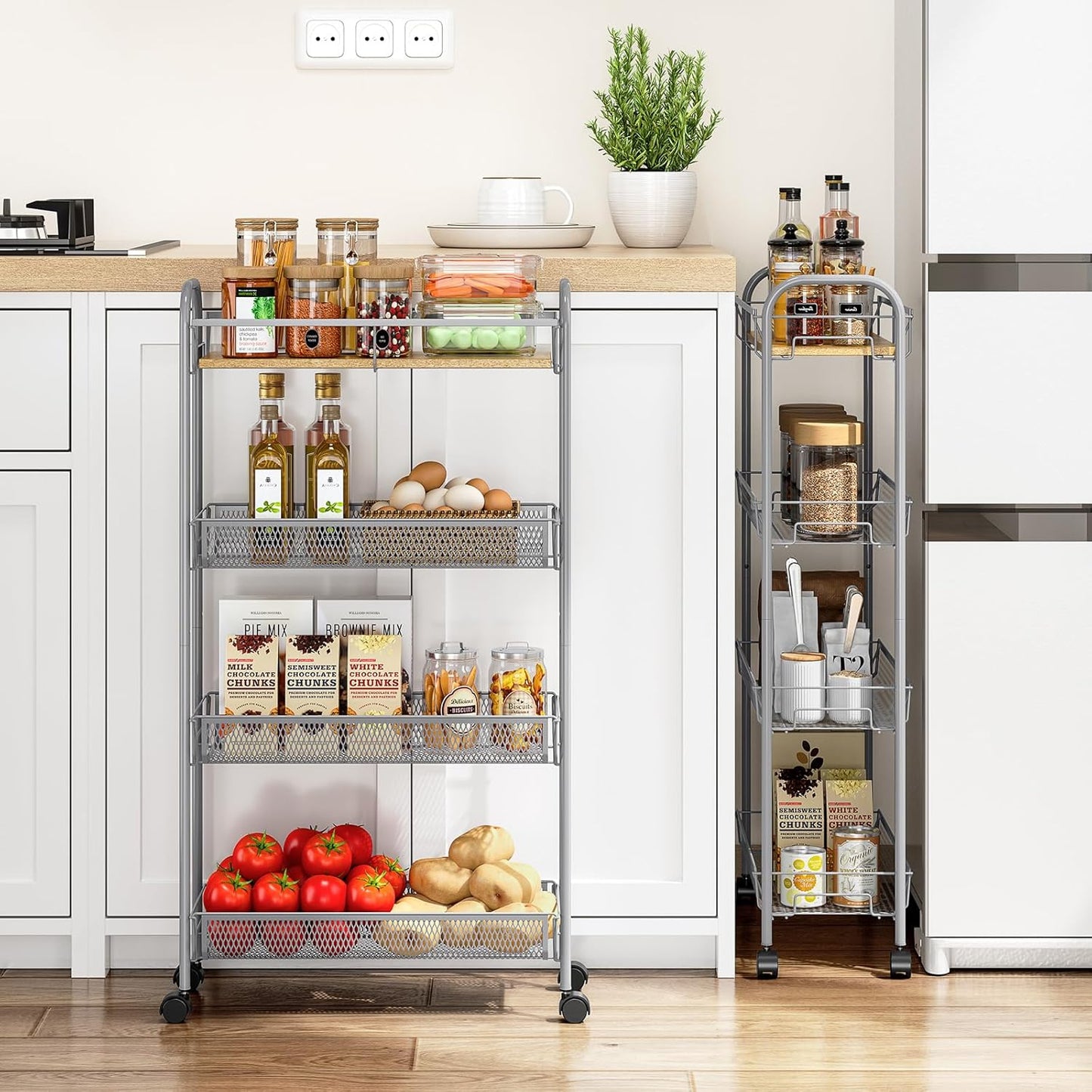 KINGRACK Metal Slim Rolling Cart,4-Tier Metal Utility Cart,Storage Cart with Wooden Tabletop, for Narrow Space on Laundry Bathroom Kitchen Room Bedroom Apartments Dormitory (Light Grey, Slim)