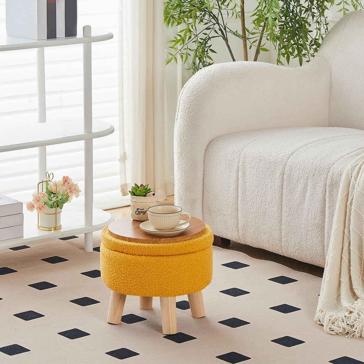 Wimarsbon Storage Ottoman, Modern Round Footrest with Soft Padded Seat, Teddy Velvet Footstool with Wood Legs, Accent Small Table or Plant Stand for Hallway, Living Room (Brilliant Yellow)