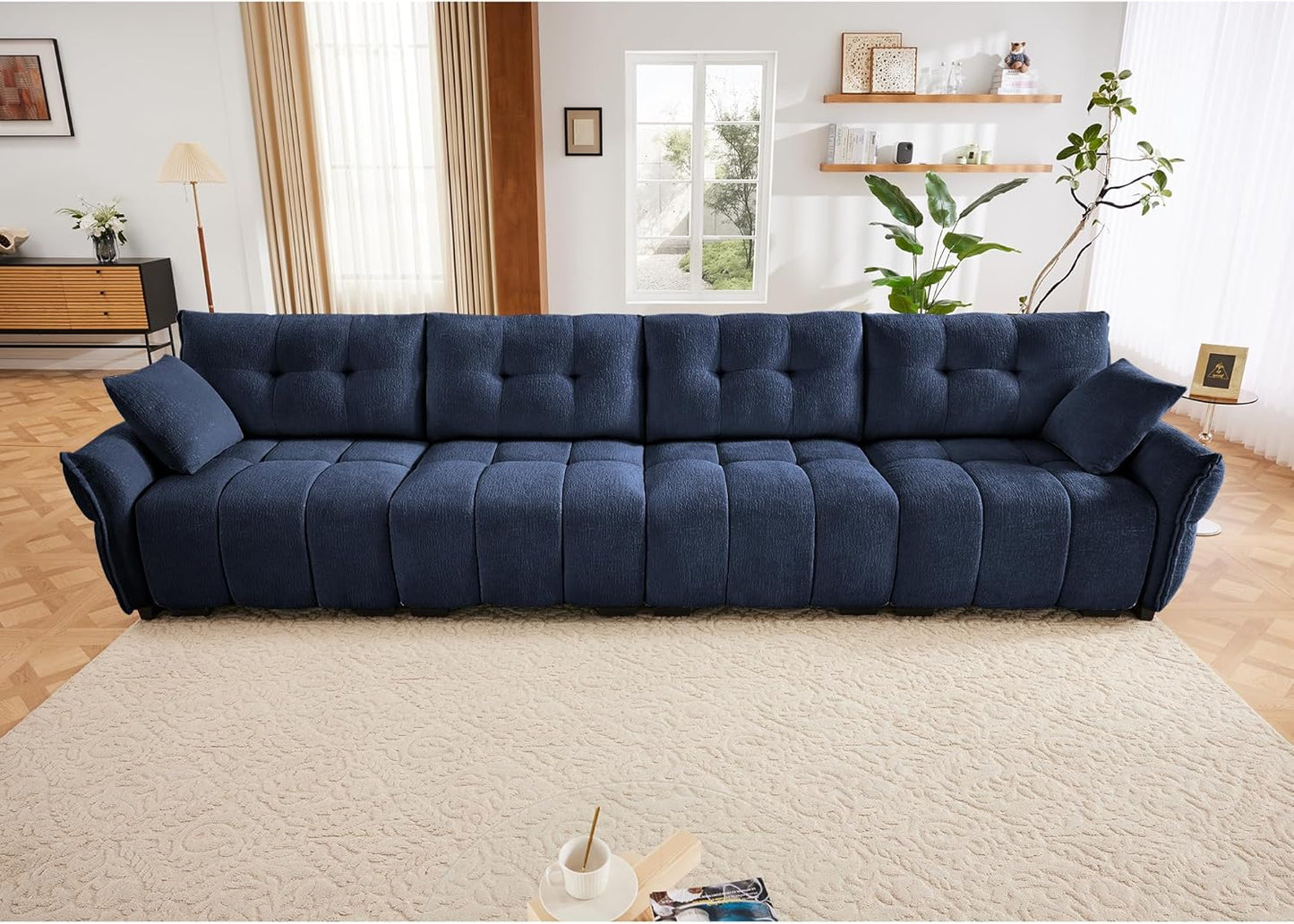 Modern Chenille Fabric 4-Seat Sofa w/ 2 Pillows, Premium Upholstery Living Room Couch with Tufted Backrest & Comfortable Armrests and High-Resilience Memory Foam Cushions,Blue